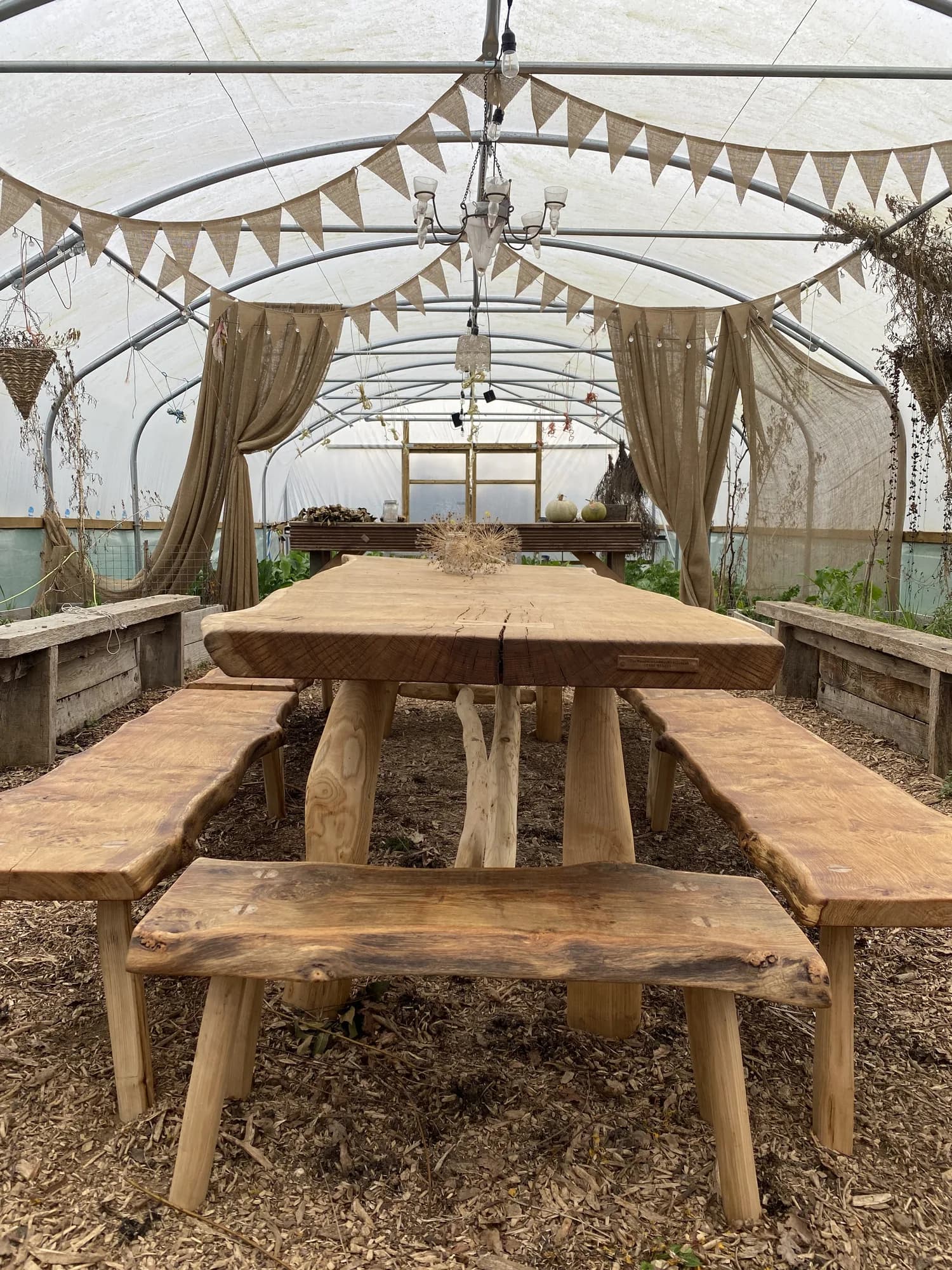 long table and benches bunting